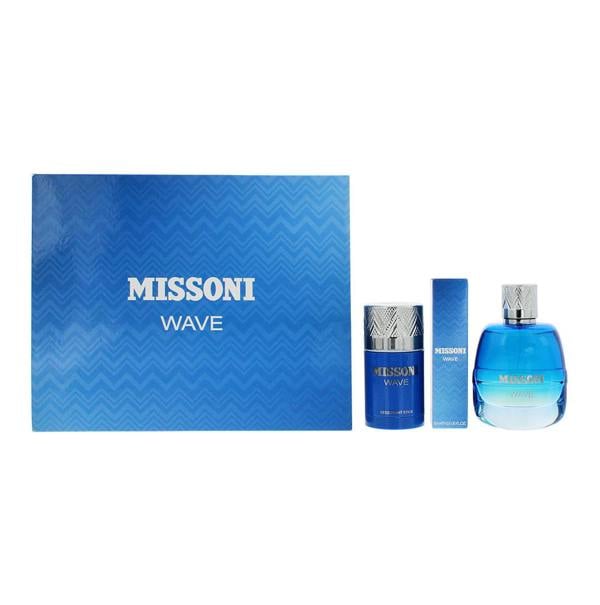 Missoni Wave Eau de Toilette 100ml, 10ml Travel Spray + Deodorant Stick 75g Gift Set for Him