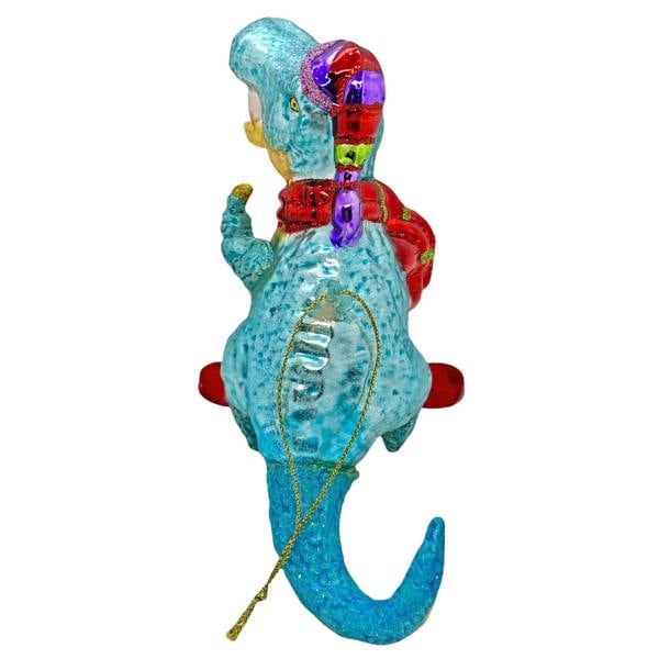Ferncrest Trading Surfing Dinosaur Glass Christmas Tree Bauble