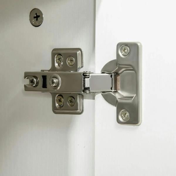White cabinet door lock and hinge latch hardware with metal mounting plates