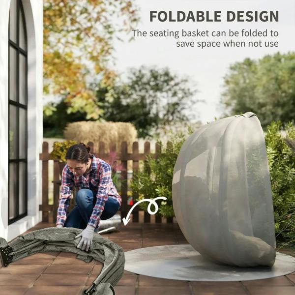Folded hanging egg chair cover on black stand, shown with khaki mesh pod