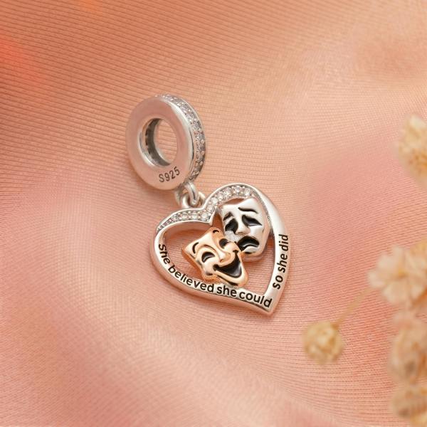 Parus Home Theatre Mask Charm Pandora Compatible 925 Sterling Silver Heart, Comedy & Tragedy Bracelet Dangle