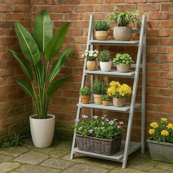 4-tier white wooden ladder plant stand with foldable design for indoor and outdoor use

