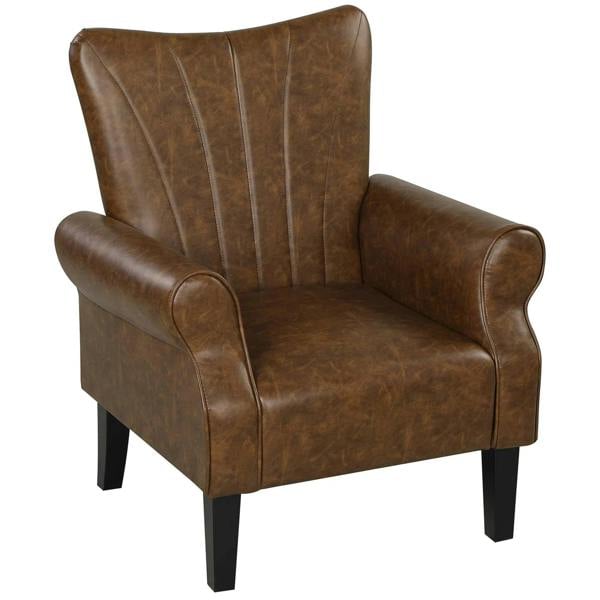 Brown upholstered accent chair with rolled arms, channel-stitched back, wood legs