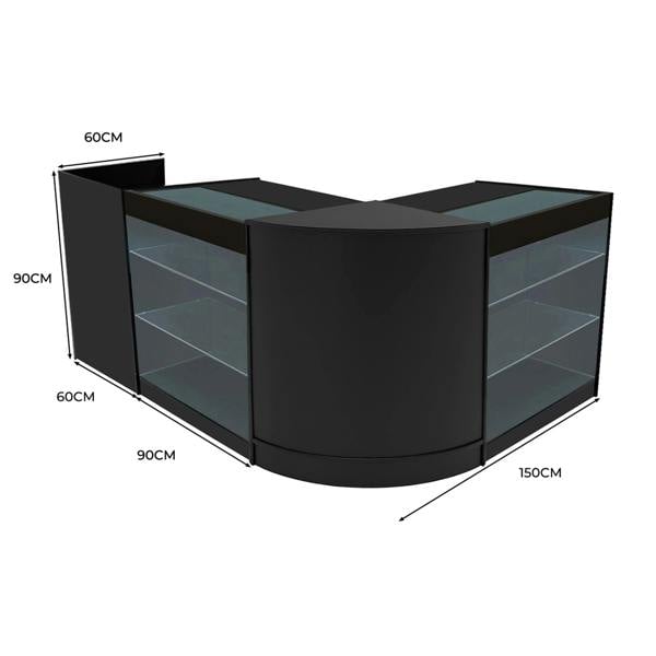 Black Aries LED Shop Counter Set featuring sleek glass shelves, modern curved design, and dimensions of 150cm x 90cm x 60cm