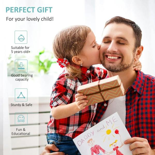 Kids scooter gift box with child and parent shown holding packaged scooter item
