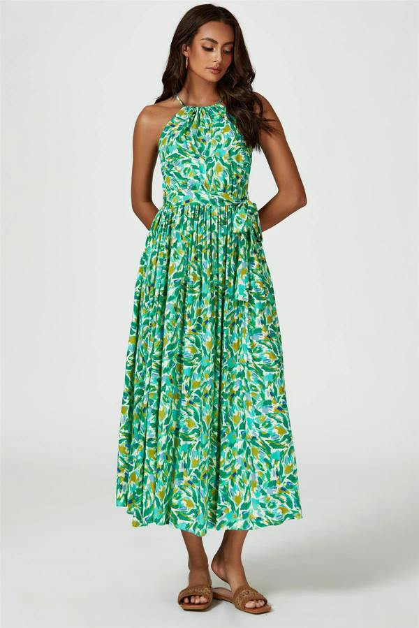FS Collection Abstract Print Tie Halterneck Maxi Dress In Green
