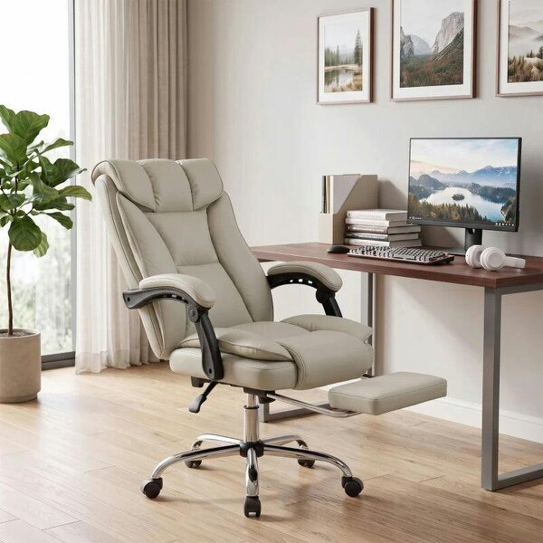 Pet-Friendly Faux Leather Computer Desk Chair, Executive Office Chair with Footrest and Double-Layer Padding, Khaki