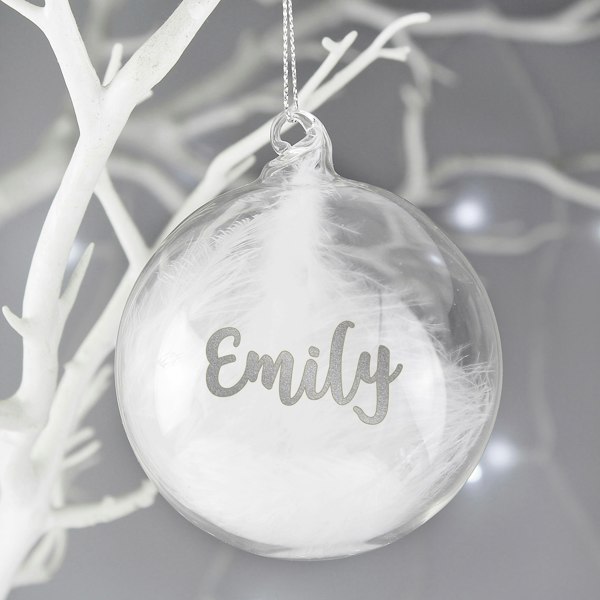 Personalised Memento Company Personalised Silver Glitter Name Only Feather Glass Bauble