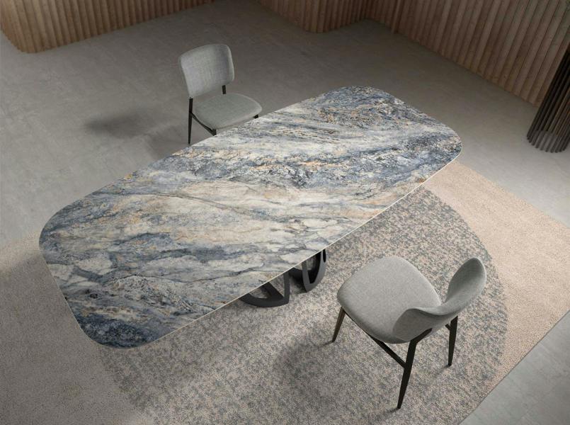 Angel Cerdá Oval Barrel porcelain marble and black steel dining table 1136