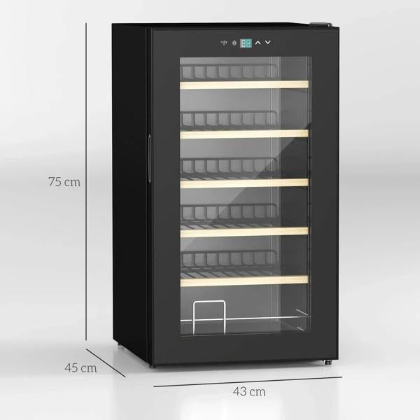 Black freestanding wine cooler fridge with glass door, shown with size markings