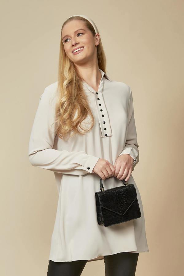Hoxton Gal Tunic Shirt with Button Details in Beige