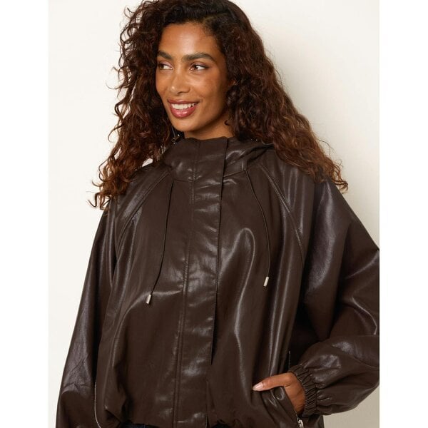 Blue Vanilla Hooded Leather Look Bomber Jacket