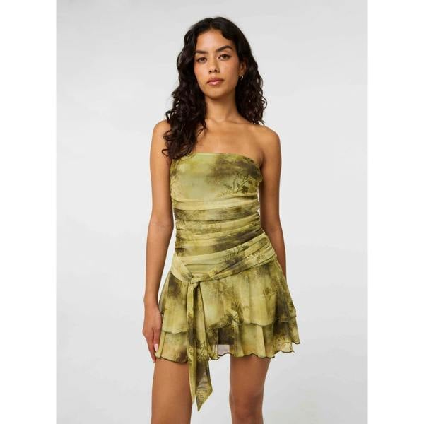 Pink Vanilla Bandeau Mesh Printed Tie Front Mini Dress