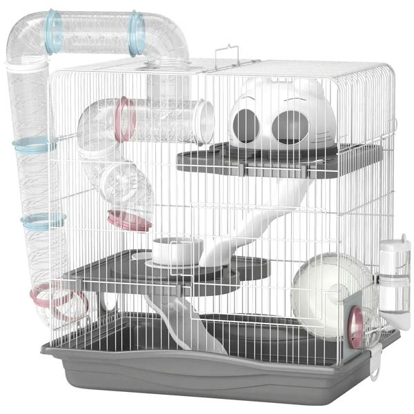 Grey 3-tier hamster cage with exercise wheels, water bottle, and food dish inside