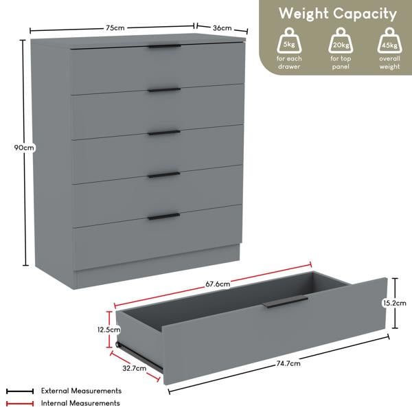 Vida Designs Trega 5 Drawer Chest, Black