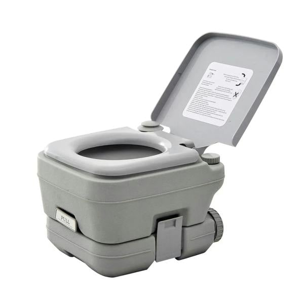 Grey 10L portable plastic toilet with hinged lid and flush pump