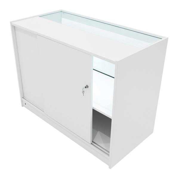 Andromeda LED shop counter set in sleek white, featuring sliding doors, glass display shelves, and modern design for retail spaces