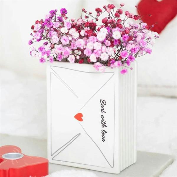 White envelope-style Valentine vase with red heart and “Stay with me” text