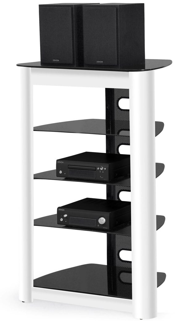 Centurion Supports ZINNIA 5-Tier Black Glass Shelves with Gloss White Fascia Entertainment Media Audio Rack