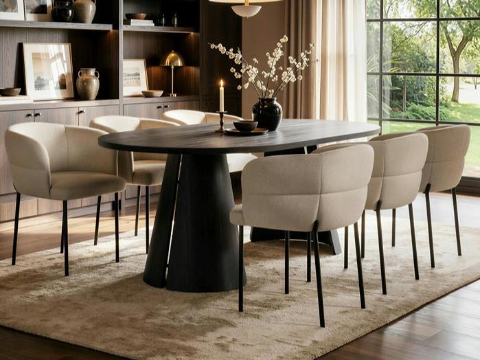 Ebony Black Extendable Dining Table with 6 Elise Chairs Beige