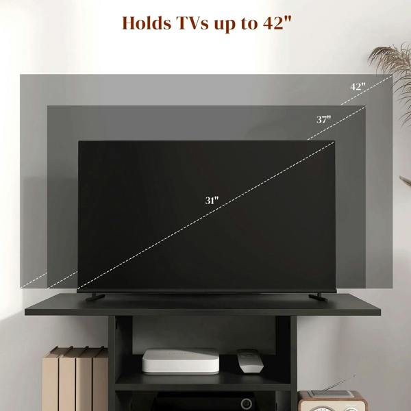 Black rolling TV stand console with open shelf storage for media and accessories