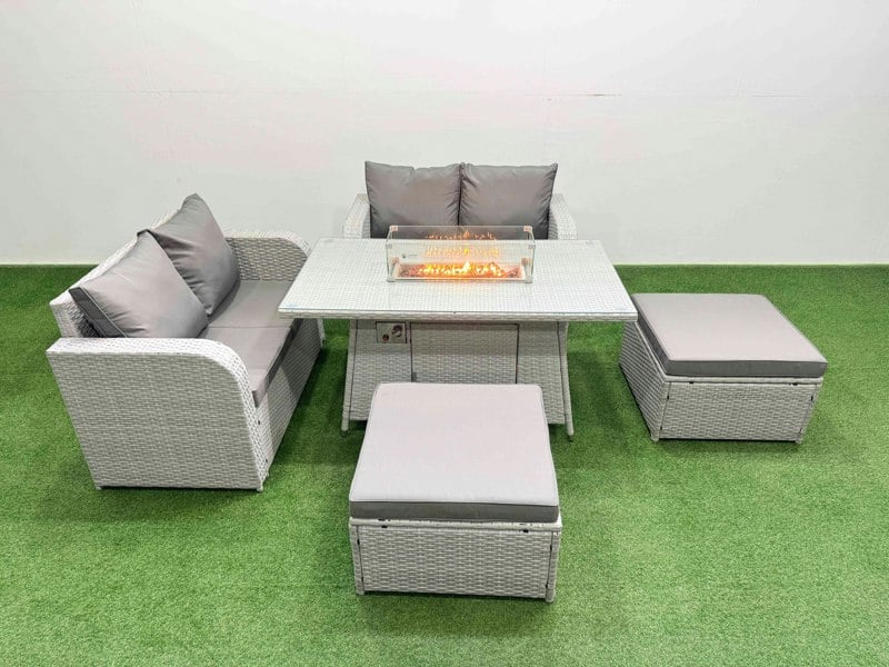 Fimous 6 Seater Outdoor Love Sofa Set Rattan Garden Furniture Set with Fire Pit Dining Table 2 Footstool Light Grey