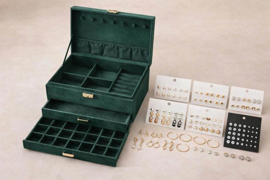 Dyzi 3 Layer Green Velvet Jewellery Box with 108 Piece Earring Set