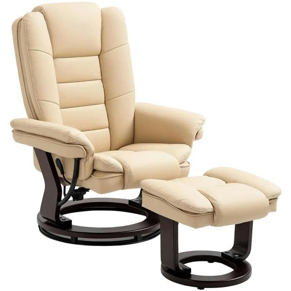 Beige faux leather reclining chair with padded arms and matching footstool