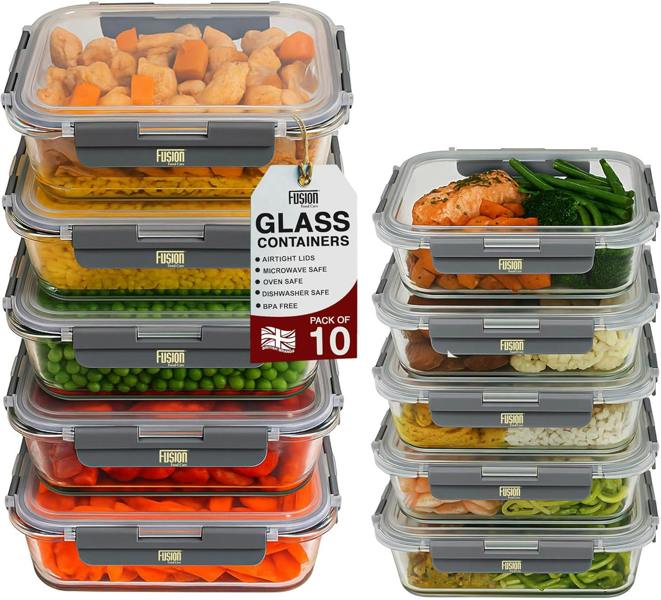 Fusion Food Care Food Storage Containers with Airtight Lids 10 Pack - 5x370ml & 5x1040ml Glass Meal Prep Containers Set BPA Free Glass Food Container