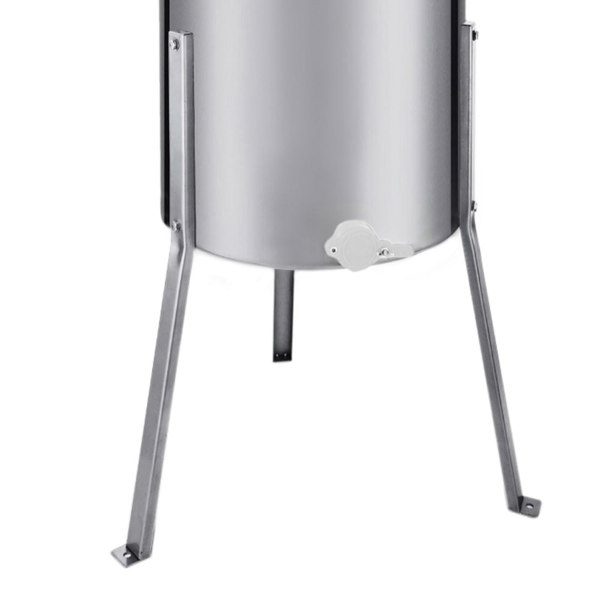 Stainless steel electric honey extractor with a sturdy metal frame, featuring a honey gate for easy dispensing and a sleek design