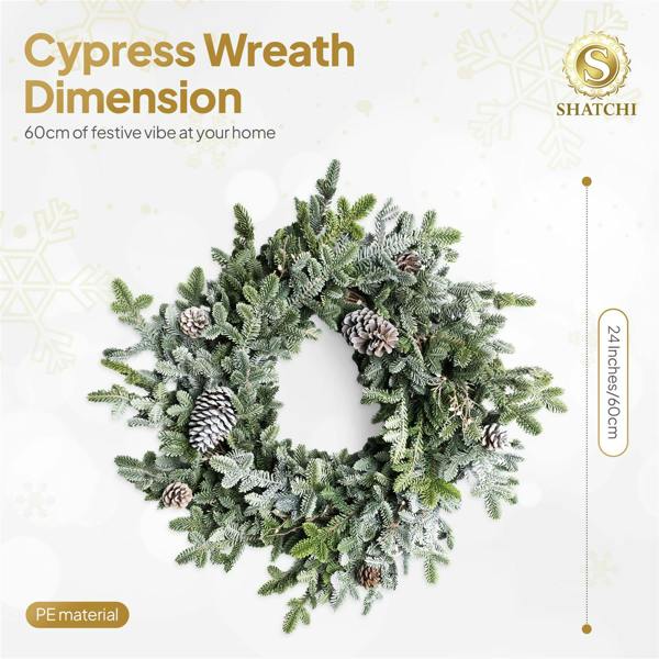 60cm Green Cypress Pine Wreath with Pine Cones, Realistic PE Foliage for Festive Door and Home Displays image 5