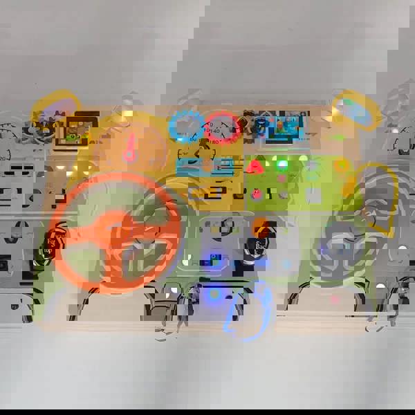 Dyzi Natural Wood Car Driving Steering Wheel Montessori Busy Board with LED Lights, Engine Sounds