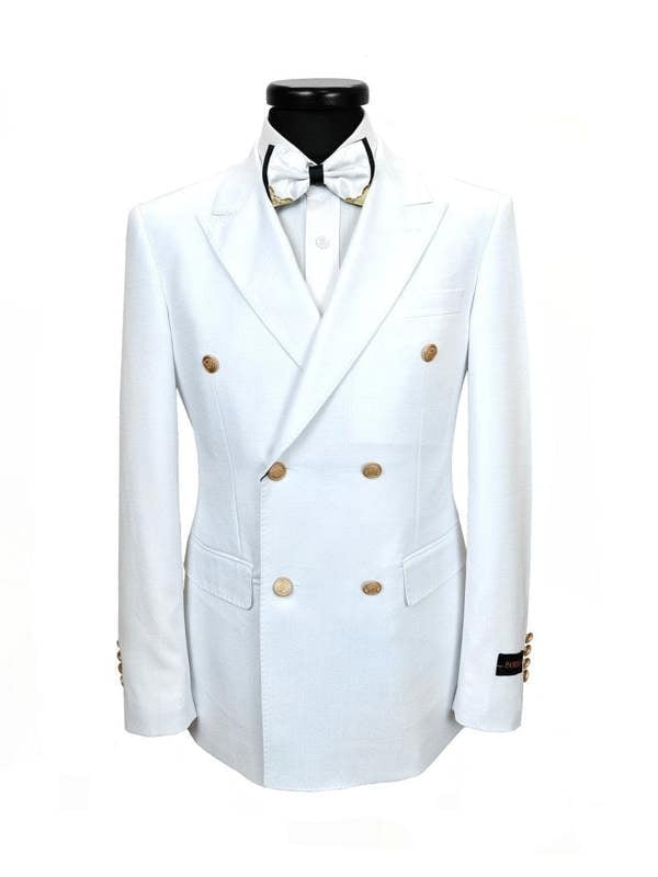 Men’s Slim Fit White Double-Breasted Wool-Blend Suit with Gold Buttons