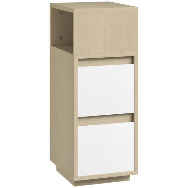 Slim bedside cabinet in natural wood finish with open shelf and two drawer fronts