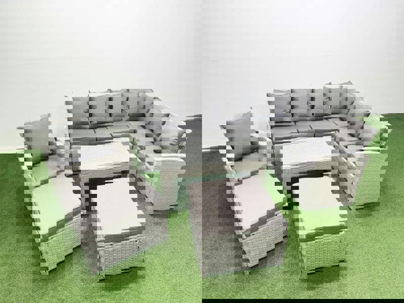 Fimous 9 Seater Garden Outdoor Rattan Furniture Set Rattan Corner Sofa Oblong Coffee Table with 2 Big Footstools Light Grey Mixed