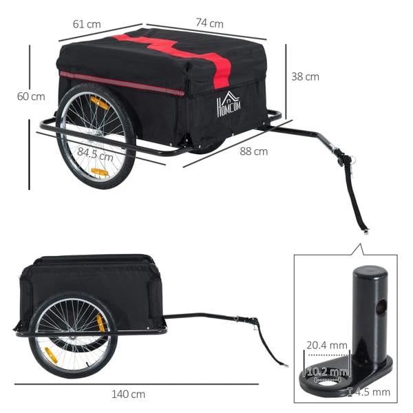 Black cargo trailer with red stripe cover, two-wheel frame and tow hitch
