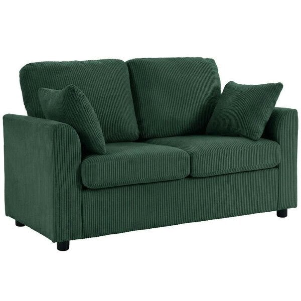 2 Seater Sofa, Corduroy Small Couch with Spring Cushion, Wide and Deep Seat, Dark Green