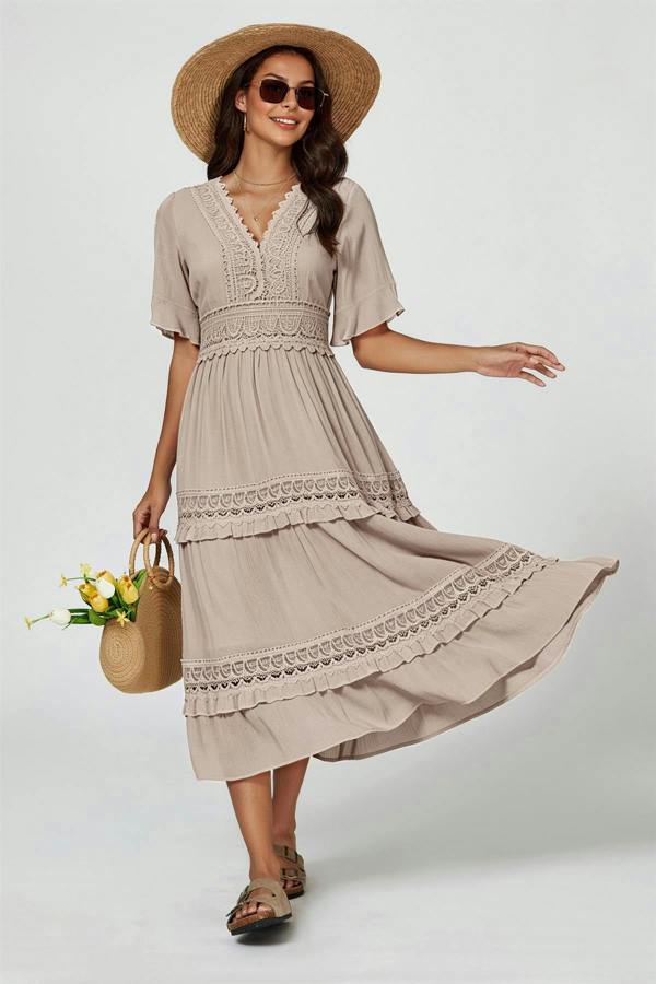 FS Collection V Neck Lace Detail Midi Dress In Soft Champagne