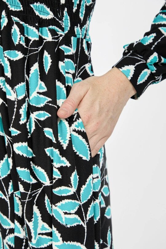 Mudflower Leaf Print Soft Touch Shirred Bodice Button-Up Midi Dress