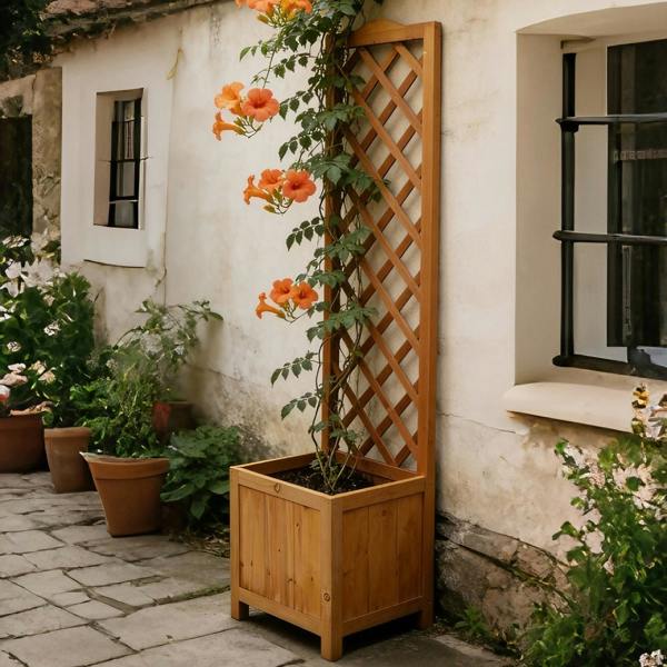 Gr8 Garden Wooden Garden Planter with Trellis Square Outdoor Flower Box for Climbing Plants