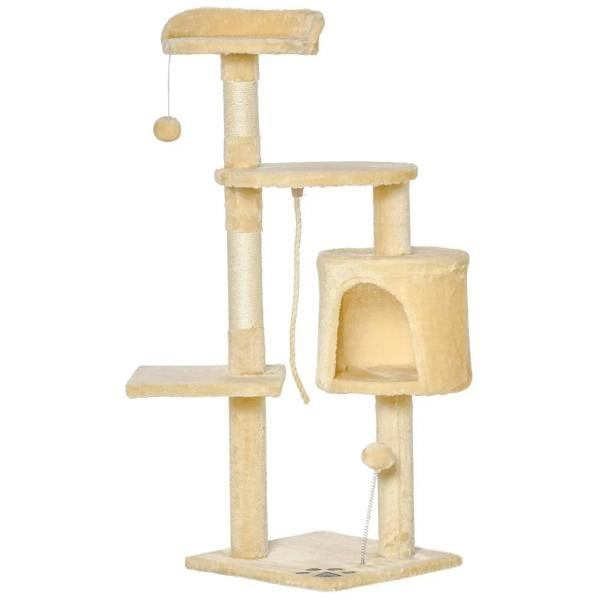 Beige 4-tier cat tree with condo and scratching posts, plush platforms and dangling toy