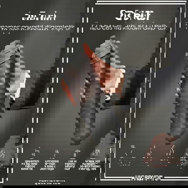 A dark-grey water bottle is held; its flip top opens one-handed. The bottle features volume markings and is shown against a dark-grey background. "One Touch. Flip top opens one-handed with a simple click. QUENCH RECYCLON™" is also present.