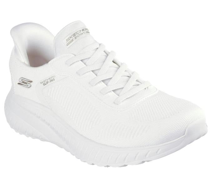 Skechers BOBS Sport Squad Chaos Womens Slip-Ins Sports Shoe Trainers, white athletic sneaker with lace-up design, cushioned sole, and breathable mesh upper for active women.