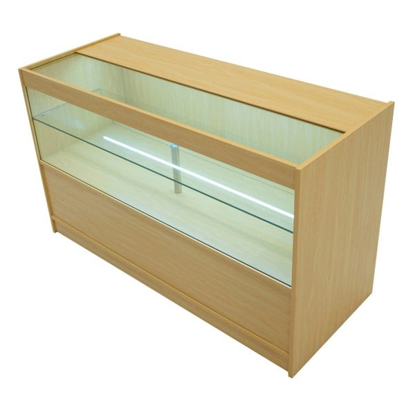 Hera LED Shop Counter Set in maple finish, featuring a sleek design with glass display shelves and integrated lighting for visibility