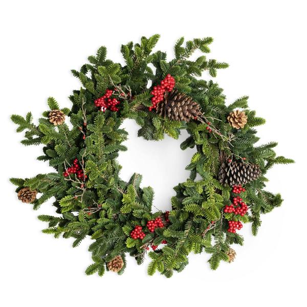60cm Green Fir Christmas Wreath with Berries and Pine Cones, PE Artificial Door Decoration image 1