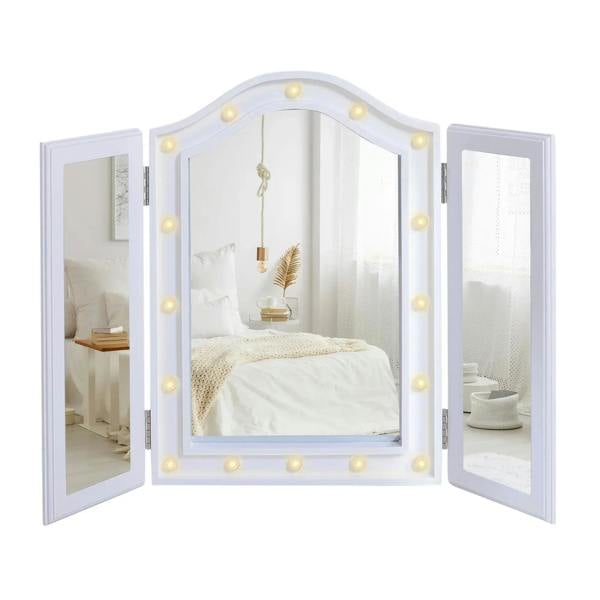 White tri-fold tabletop mirror with arched center glass and round LED bulbs around frame