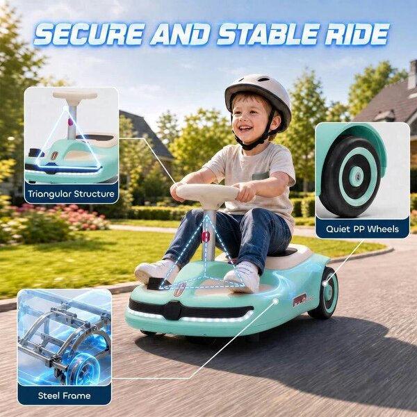 12V Electric Wiggle Car with Pedal, Kids Electric Car with 2 Speeds, Soft Start, Music, Lights for 3-5 Years, Light Blue