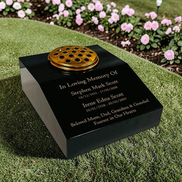 Memorials Direct Black Granite Sloping Memorial Desk with Vase for Two Names Free Gold Engraving