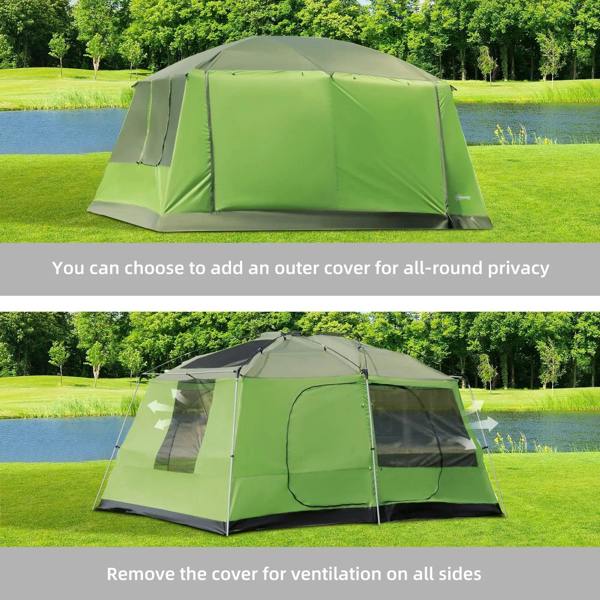 Green two-room tunnel camping tent with porch, arched roof, and front door openings