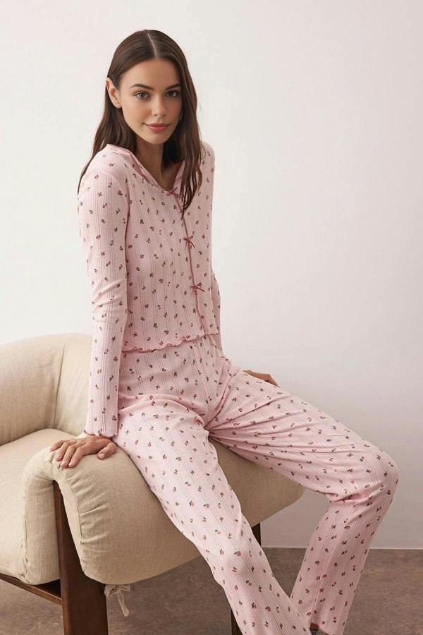 WOVCOR 2- Piece Cotton Floral Knit Pajama Set with Ribbon/Bow Detail